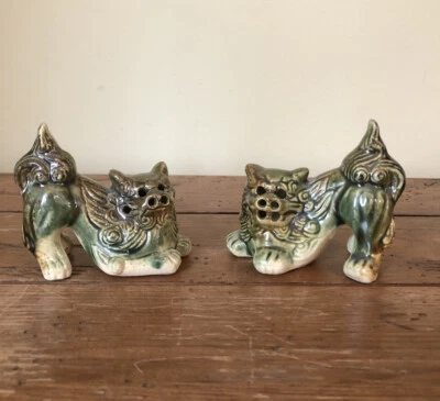 Chinese Foo Dogs Fu Lions Green Blue Brown Ceramic Vintage Pair - Image 1 of 4