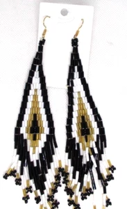 Boho earrings gold black white Seed Bead Beaded Fringe Tassel new - Picture 1 of 1