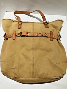 Lucky Brand Brown Canvas Tote Bag 100% Cotton Leather Straps Boho Shoulder Purse - Picture 1 of 24
