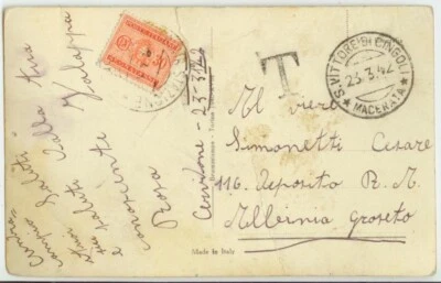 March 23 1942 Macerata Italy unfranked ppc to Albinia 30 Cent postage due Sc J32 - Image 1 of 2