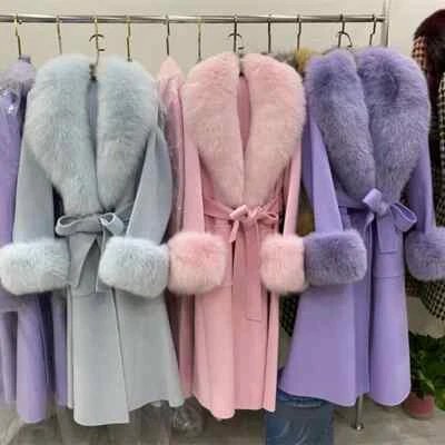 Abrigo de lana y cachemir con cuello y puño de piel desmontable para mujer chaqueta larga prendas de abrigo Foto 1 de 4