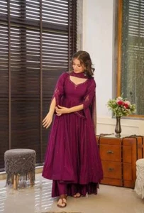 Wine Anarkali Gown 3pc Set Pakistani Gown Wedding wear dress Indian Palazzo set - Picture 1 of 6
