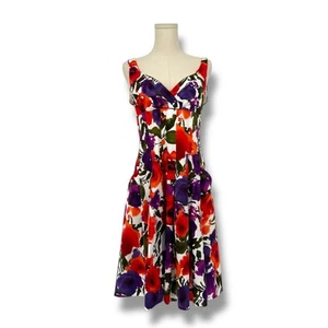 Lauren Ralph Lauren Abstract Floral Print Cotton Fit & Flare Pleated Dress Sz 8 - Picture 1 of 11