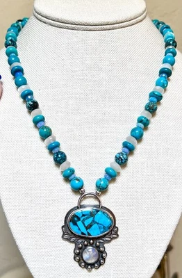 BEAUTIFUL Artisan/Designer Sterling Silver Turquoise, Moonstone, Opal Necklace - Image 1 of 4