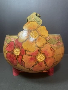 Hand Carved Gourd Basket W/ Stand Folk Art Flowers Artist Signed McFadden - Picture 1 of 21