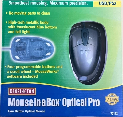 Kensington Mouse in a Box Optical Pro USB Wired Mouse Model 72112 Vintage PC - Image 1 of 4