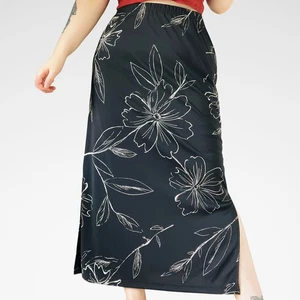 Vintage 90s Notations | Long Black Floral Side Slit Slinky Maxi Skirt | Size M - Bild 1 von 5