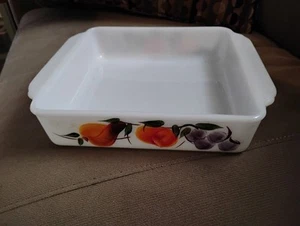 Vtg  Anchor Hocking Fire King Milk Glass/Gay Fad Fruit 8” Square Baking Dish VGC - Picture 1 of 9