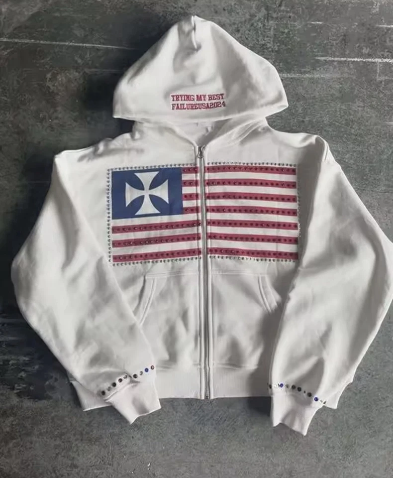 Sudadera con Capucha Bandera Americana Diseño Corazones Cromados Talla M Usada Foto 1 de 1