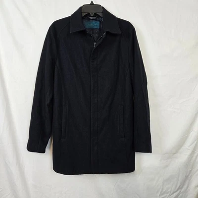 Perry Ellis Mens Black Wool Blend Full Zip Lined Career Heavy Coat Small Vintage - Image 1 of 4
