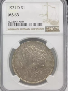 1921 D Morgan Silver Dollar NGC MS-63 - Picture 1 of 3