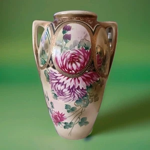 Jarrón Antiq Nishiki Royal Nippon Doble Manija Pintado a Mano Motivo Crisantemo - Imagen 1 de 9
