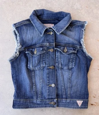 Chaleco de mezclilla Guess Jeans talla XS para mujer azul mangas trituradas aspecto de angustia Foto 1 de 4