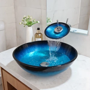 FA Black Bathroom Glass Vessel Sink Blue Basin Bowl Mixer Facuet Pop Drain Set - Picture 1 of 14