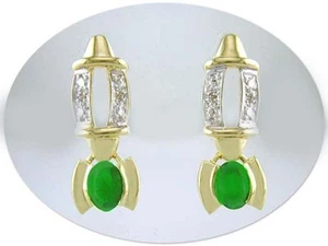 18 KT GOLD OVER STERLING SILVER GREEN AGATE & DIAMOND EARRINGS  - Foto 1 di 1