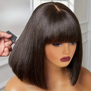 Pelucas de cabello humano cortas con flequillo máquina completa encaje cuero cabelludo realista peluca sin pegamento - Imagen 1 de 12