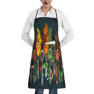 Colourful Herbs Spices Cooking Black Kitchen Apron For Chef Men Women With Po... - Picture 1 of 7