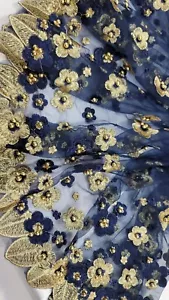 Embroidered Beads Lace Navy Blue Mesh 3d Gold Flower Fabric By The Yard Quinceañ - Picture 1 of 10