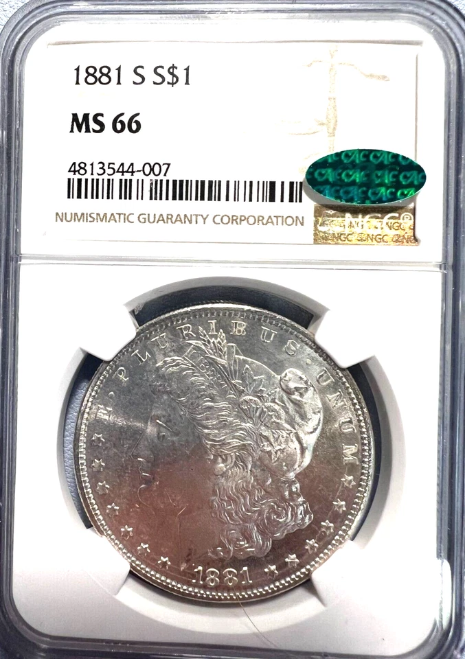 Dólar de plata Morgan 1881 S como nuevo 66 NGC CAC! ¡Moneda llamativa! PRECIO A LA VENTA! Foto 1 de 4
