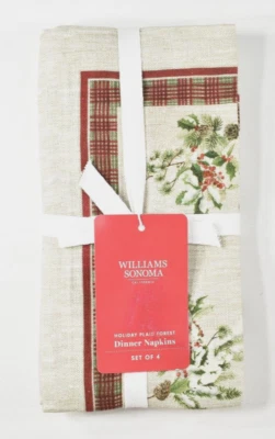 Williams Sonoma HOLIDAY PLAID FOREST Christmas Set of 4 Napkins Linen NEW w Tag - Image 1 of 4