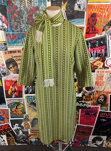 60s-70s Vtg Womens Green Mod Flutterbye Knit Tassel Scarf Shift Dress Size Small - Picture 1 of 9