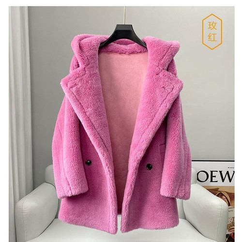 OFF WHITE Winter Hooded Womens 100% Wool Lamb Fur Real Shearling Short Coat Overcoats Warm