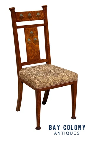 20TH C ANTIQUE ARTS & CRAFTS / ART NOUVEAU TIGER OAK SIDE CHAIR W/ METAL INLAY Cover