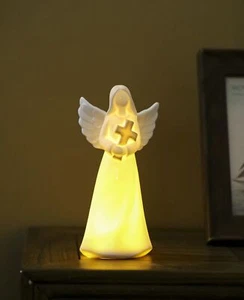 ADAVAS.Y&G Porcelain Lighted Angel Figurine Holding Cross, and Decor 7" H - Picture 1 of 4