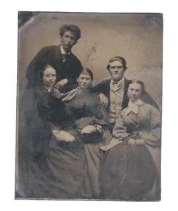 Antique c1870's TinType Photo, Portrait of 5 Family Members - Picture 1 of 2