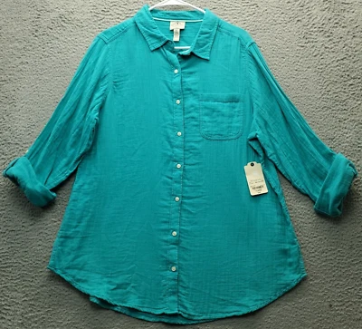 Camisa St. John's Bay para mujer XL verde algodón liso manga enrollada abotonada Foto 1 de 4