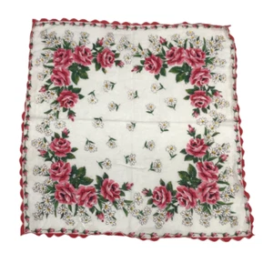 Vintage Handkerchief White Red Roses Daisies Floral Scalloped Edges Hankie - Picture 1 of 3