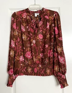 NWT Joie Floral Sheer Long Sleeves Smocked Peasant Blouse Women Size Large L Lg - Picture 1 of 11