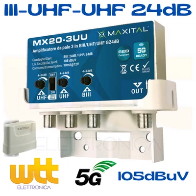 AMPLIFICATORE ANTENNA TV DA PALO VHF-UHF-UHF 24dB 105dBuV 5G MX20-3UU FTE MAXITA - Immagine 1 di 3