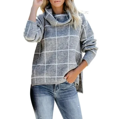 NWT Lumiere Gray & White Windowpane Cowl Neck Sweater S - Image 1 of 4