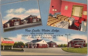 New Castle Delaware LINEN Postcard NEW CASTLE MOTOR LODGE Matching Business Card - Imagen 1 de 2