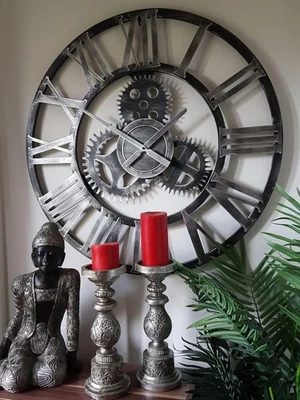 76cm Industrial Metal Gear Wall Clock - Rustic Silver Skeleton Roman Numerals VS - Image 1 of 4