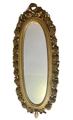 Vintage Gold Oval Wall Mirror Syroco Floral Roses 25"x10" Hollywood Regency - Image 1 of 4