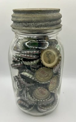 Vtg GENUINE MASON 1Q Glass Jar 150+ Sprite & Coca Cola Metal 80s-90s Bottle Caps - Image 1 of 4