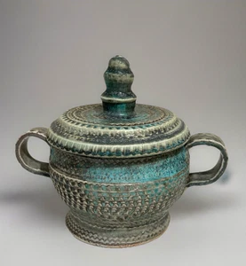 Vintage Handmade Gray/Turquoise Ceramic Lidded Vessel by Marthe Delacroix RARE - Picture 1 of 9