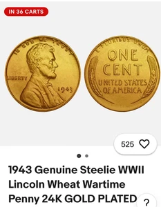 1943 Genuine Steelie WWII Lincoln Wheat Wartime Penny 24K GOLD PLATED (QTY: 1 ) - Picture 1 of 2