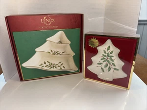 2-LENOX Holiday Tree Candy Dishe  Christmas Holly Berries &  Gold Rim nib - Picture 1 of 3