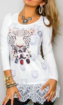 Sexy Miss Women's Tunic Shirt L/XL 38/40 Rhinestone Lace Ruffle White Leopard - Image 1 of 4