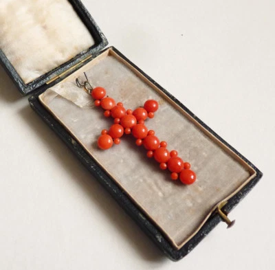 Grande Croix pendentif corail bijou ancien 19e siècle coral cross corallo - Photo 1/4