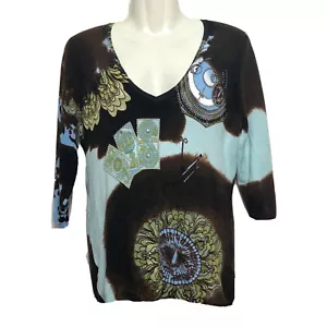 Vertigo Sweater Large Brown Blue Celestial Face Rhinestone Stud Embellished - Picture 1 of 9