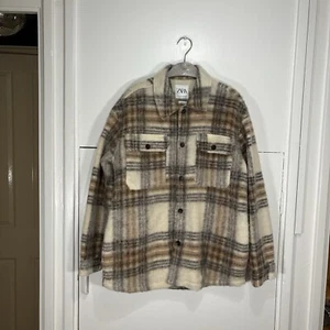 ZARA MAN Overshirt Jacket Beige Wool Blend Plaid Fuzzy Buttons Size L 0387/410  - Picture 1 of 6