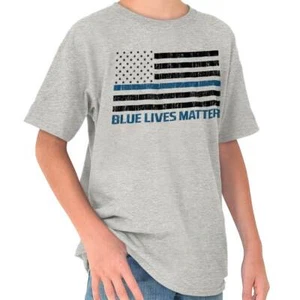 Blue Lives Matter Line Flag Law Enforcement Youth Crewneck T Shirts Boy or Girl - Picture 1 of 6