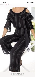 NWOT Soft Surroundings Womens Avedon Jumpsuit Size S Black Gold Cold Shoulder - Picture 1 of 9