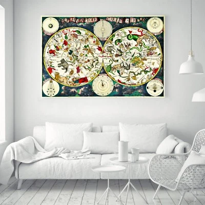 Antique Constellation World Map Vintage Silk Canvas Poster Art Paint Decor 47A - Image 1 of 4