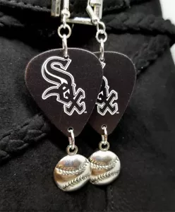 MLB Chicago White Sox Black Guitar Pick Earrings with Baseball Charm Dangles - Picture 1 of 4