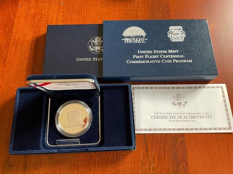 2003 US Mint First Flight Proof Silver Dollar with box and COA Cover